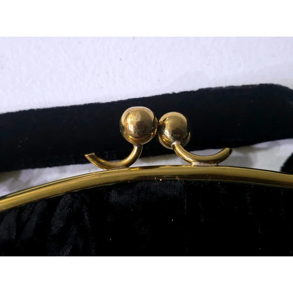 Vintage MM Black Velvet Evening Bag Gold Tone Kiss Lock Frame Top Handle Purse
